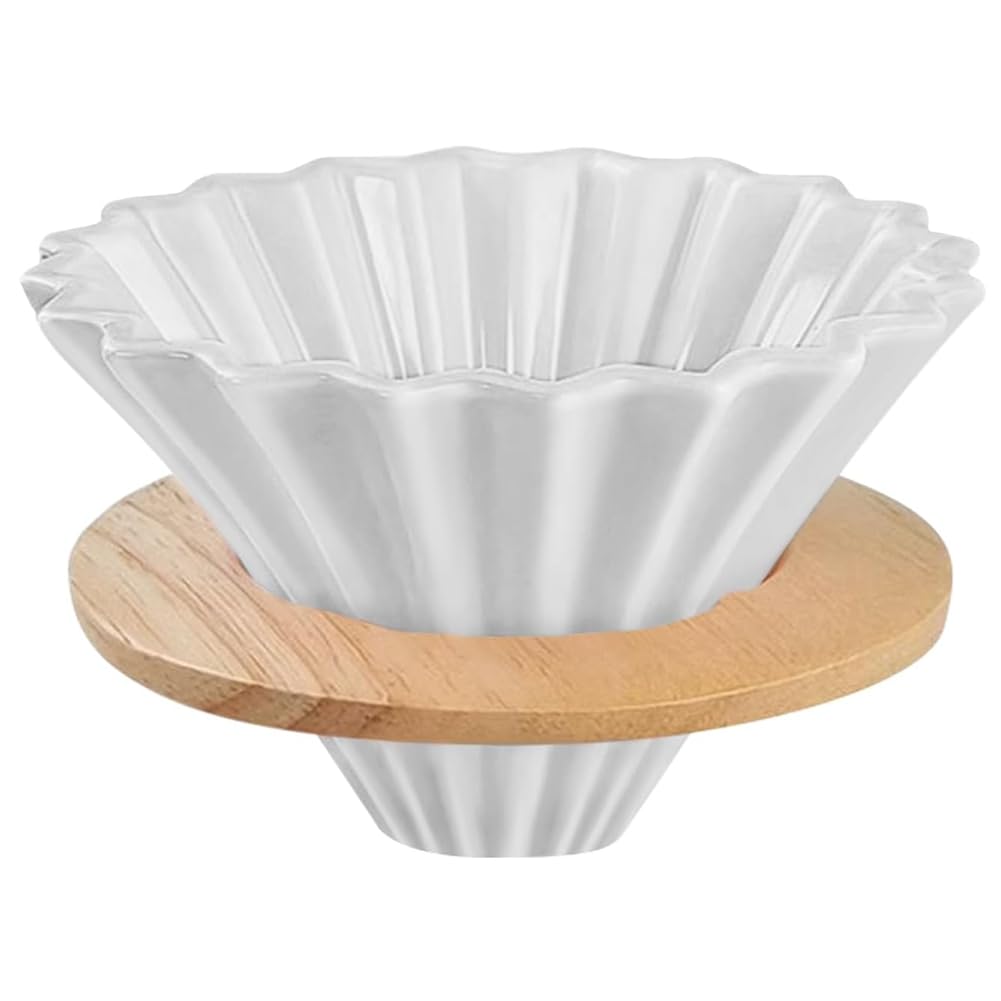 Aundhegrtt Ceramic Coffee Dripper for Home& Garden-Elegant Flower Design, Wood Cup Stand Included, 50 Filter Papers for Restaurant for Home Coffee Shop