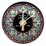 Decorative Silent No Ticking Wall Clock Priest Ordination Anniversary Stained Glass Cross Round Mode