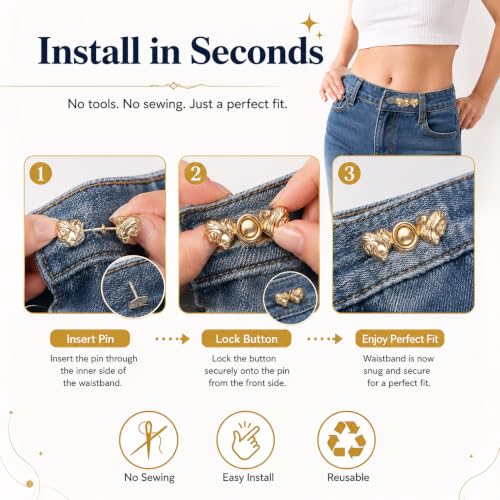 Image of YEKDA 4 Sets Butterfly Jean Buttons Waist Tightener for Loose Pants, No-Sew Adjustable Waist Buckle Clips, Detachable Decorative Jean Button Pins for Women's Jeans & Skirts (359 - Heart)
