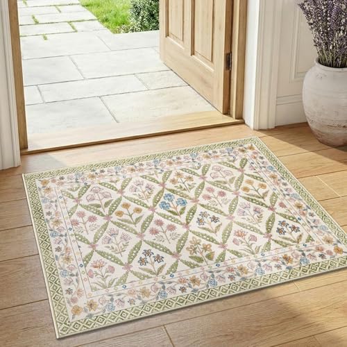 jinchan Haden Entryway Rug 2x3 Vintage Floral Washable Rug for Entrance Soft Non-Slip Low Pile Door Mat for Doorway Kitchen Bathroom Small Carpet Cottage Indoor Decor Sage Green