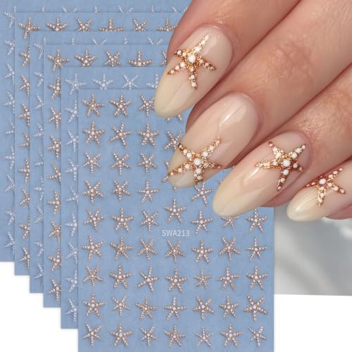 6Pcs Summer Nail Stickers 3D Self-Adhesive Nails Art Stickers Gold