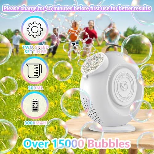 Automatic Bubble Machine for Kids & Toddlers, Rechargeable 15000+ Bubbles Per Minute with 90°/360° Rotation & LED Light - Bubble Blower for Birthday Wedding Outdoor Party Gifts — view 3