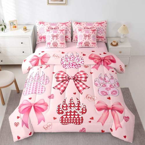 Image of Pink Bowknot King Bedding Sets 7 Pieces Girly Bow Love Romantic Style Comforter Set Heart Leopard Print Paw Prints Bedroom Decor Comforter,Flat Sheet,Fitted Sheet,2 Pillowcases,2 Pillow Covers