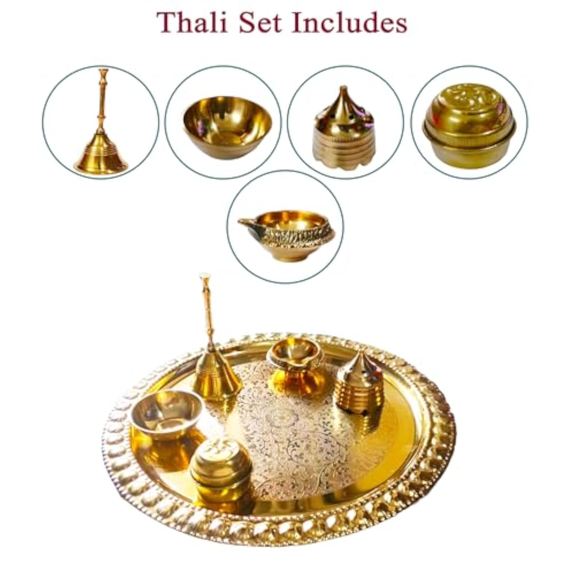 Pure Glossy Designer Brass Puja/Pooja Thali Set with Ganti/Bell