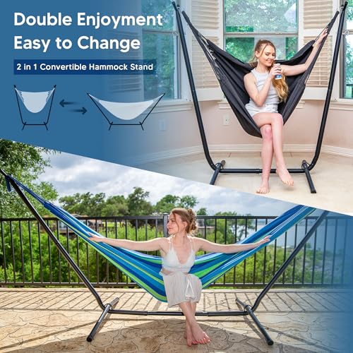 Image of SUNCREAT 2-in-1 Hammocks Hammock Chair with Stand, Patented, Blue Stripe