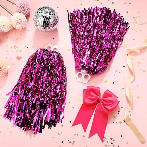 Yunlly 3 Pcs 10 Inch Cheerleading Pom Poms and Large Cheerleader Hair Bow Cheer Pom Poms Cheerleading Accessories for Kids Adults Sport Events Dance Basketball Football Baseball Team (Rose Red)