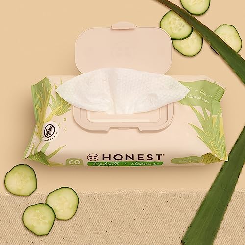The Honest Company Hydrate and Cleanse Naturally Scented Wipes Cleansing Multi-Tasking 99% Water Plant Based Hypoallergenic Aloe Cucumber 60 Count