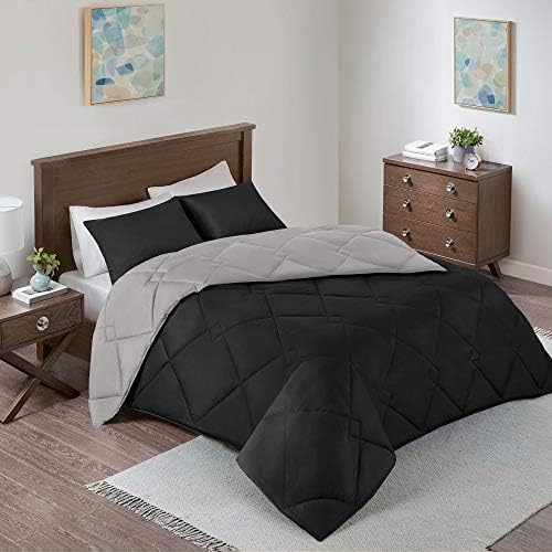 Comfort Spaces Vixie Reversible Comforter Set - Trendy Casual Geometric Quilted Cover, All Season Down Alternative Cozy Bedding, Matching Sham, Black/Gray, Twin/Twin XL 2 piece