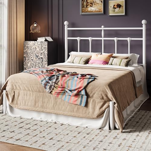 Image of SHA CERLIN Queen Size Metal Platform Bed Frame with Victorian Vintage Headboard /Under Bed Storage /No Box Spring Needed /Easy Assembly /Noise Free /Mattress Foundation /White