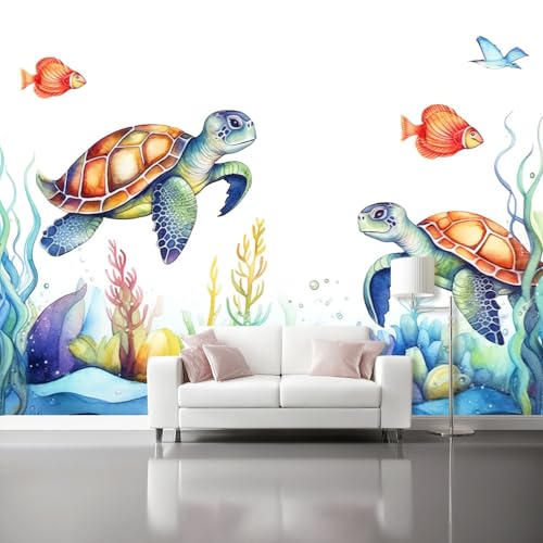 Papel Pintado Pared 300 x 210 cm - Dibujos Animados Mundo Submarino Tortuga Marina Papel pintado Azul Mural de Arte Decoración para Comedores Salones Habitaciones Sala Cuarto Oficina Salón
