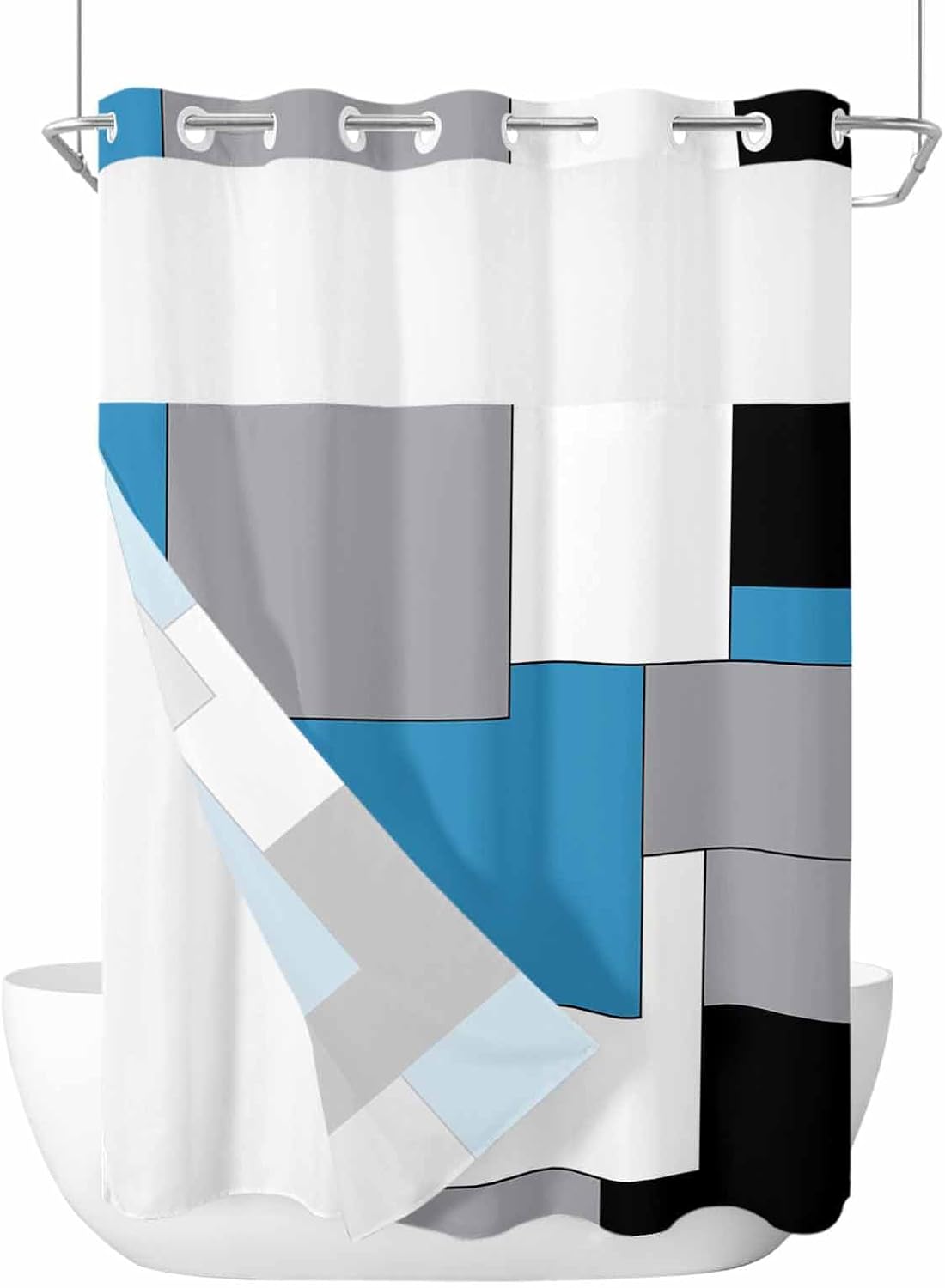 ALAGEO Shower Curtain with Snap-in Fabric Liner Set Abstract Geometric No Hook Shower Curtain with Mesh Top Window Mid Century Blue Shower Curtains Waterproof 72x96