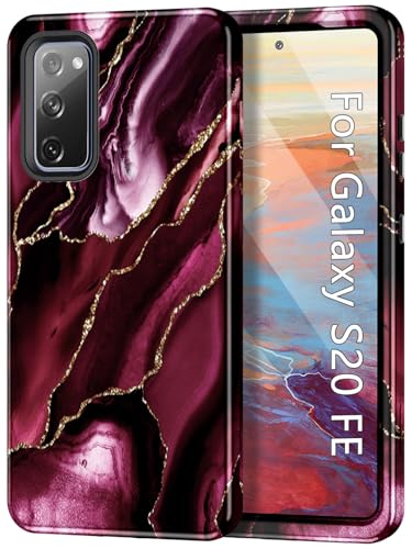 Btscase for Galaxy S20 FE 5G Case, Marble Pattern 3 in 1 Heavy Duty Shockproof Full Body Rugged Hard PC+Soft Silicone Drop Protective Women Girl Covers for Samsung Galaxy S20 FE, Wine Red