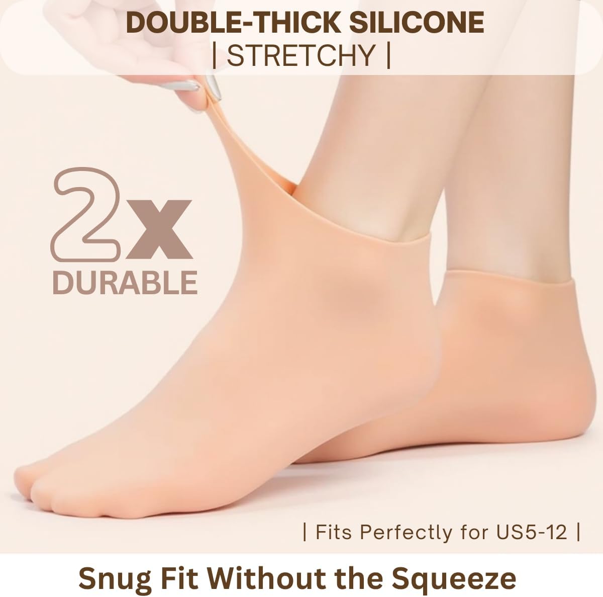 Reusable Silicone Socks for Dry Cracked Feet & Heels - Moisturizing Socks for Women and Men Fits Sizes US5-12 - Lotion Rubber Socks for Overnight Repair & Spa Treatment (Beige & Beige)