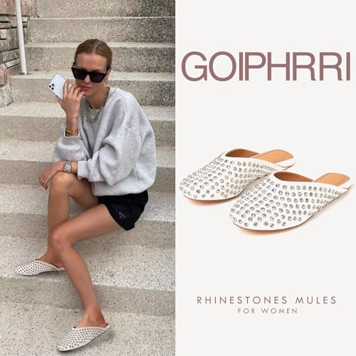 Goiphrri Women's Comfortable Rhinestone Mules - Closed Round Toe Slides, Slip-On Flats, Slingback, Summer, Wide Width2