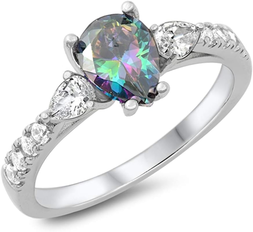 Rainbow Simulated Topaz Classic Teardrop Promise Sterling Silver Ring New Sizes 4-10