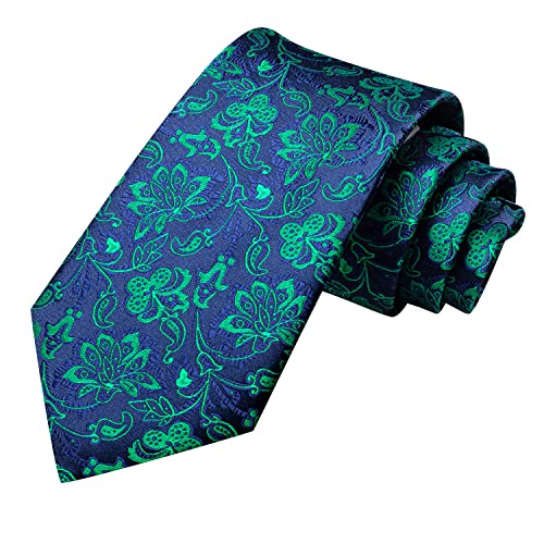 Image of Hi-Tie Floral Jacquard Blue Green Mens Silk Tie Sets Silk Woven Neckties and Pocket Square Lapel Pin Silver Tie Clip Cufflinks Set Wedding Business 6PCS