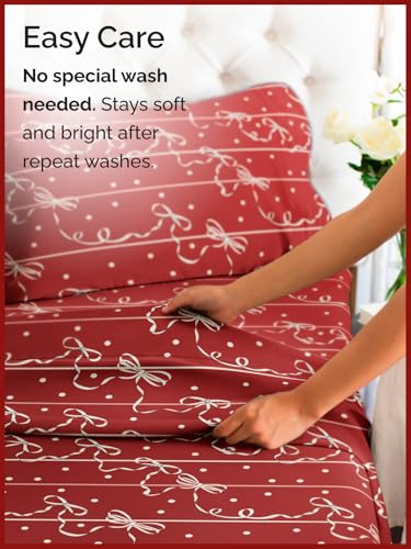 Queen Christmas Ribbon Sheet Set - Holiday Xmas Pattern Bedding Set - Deep Pockets - Snug Fit - 4 Piece - Wrinkle Free & Easy Care - Comfy Festive Winter - Holiday Sheets for Women, Men, Kids & Teens