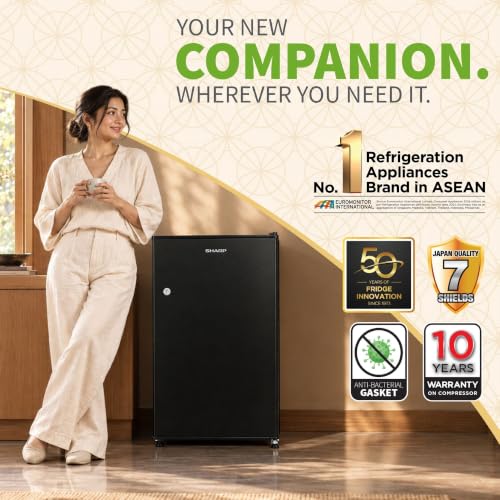 Image of SHARP 100L 1 Star Direct Cool Single Door Mini Bar Refrigerator with Chiller Freezer Box |Japan 7 Shield Protection|Vegetable Box|Toughend Glass shelvesI (Brush Black, SJ-MRD110N1-PBB, 2026 Model)