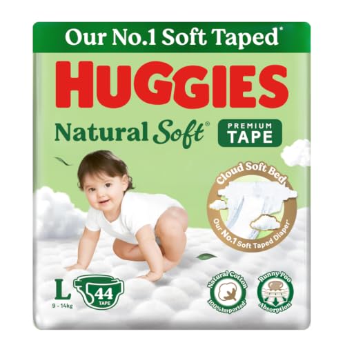 Image of Huggies Natural Soft Premium Tape Diapers Large (L) Size, 9-14 kgs,44 Count | Our No.1 Soft Taped Diaper with Cloud Soft Bed and Runny Poo Absorption