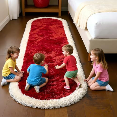 Image of Fluffy Silky Micro Fiber Polyster Carpet /Runner for Bedroom, Study Room, Playing Room, Guest Room ETC. 4x6 feet Feet, (Red and Ivory Side boder)