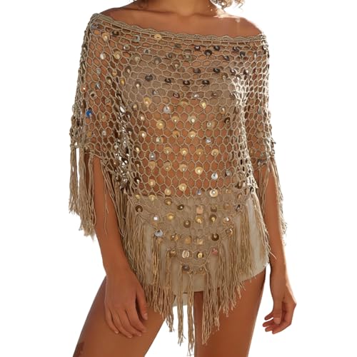 Womens Knit Sequin Poncho Top Y2k Crochet Batwing Sleeve Shrug Shawl Asymmetrical Sweater Cover Up Beachwear (Brown, S)