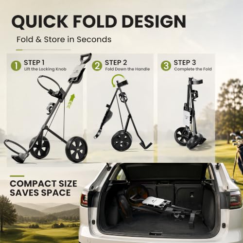 Image of 2-Wheel Golf Pull Cart - Lightweight Foldable Golf Push Cart with Durable Steel Frame, Adjustable Web Straps, Compact Design for Walking Golfers