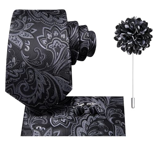 Image of Hi-Tie Paisley Black Sliver Ties for Men Silk Jacquard Necktie Lapel Pin Pocket Square Cufflinks Sets Formal Business Wedding