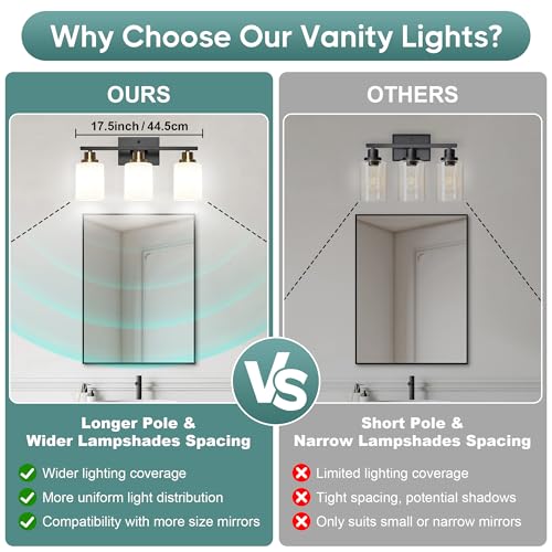 Image of Ascher Bathroom Light Fixtures, 3-Light Vanity Light Over Mirror, Black and Gold Wall Sconces with Milky White Frosted Glass Shades, Wall Lamp for Living Room Bedroom, E26 Base(Bulbs Not Included)