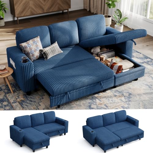 Image of LINSY HOME Sectional Couches for Living Room, 81 inch L Shape 3 Seats, Blue | Sleeper sofa with pull out couch bed, corduroy couch with storage