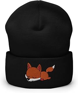 StayPawsome Lazy Fox Beanie Unisex Adult Embroidered Cuffed Black, One Size