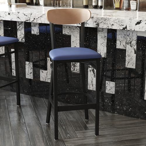 Image of Flash Furniture Wright Commercial Barstool - Natural Birch Finish Wood Boomerang Back - Blue Vinyl Seat - 500 LB. Capacity Black Steel Frame - Integrated Footrest