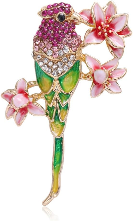 Exquisite CZ Parrot Flower Brooch Pin for Women Men Colorful Enamel Flower Branch Cute Animal Bird Lapel Pins Elegant Accessories for Scarf Coat Bag Decoration Badges Holiday Party Jewelry