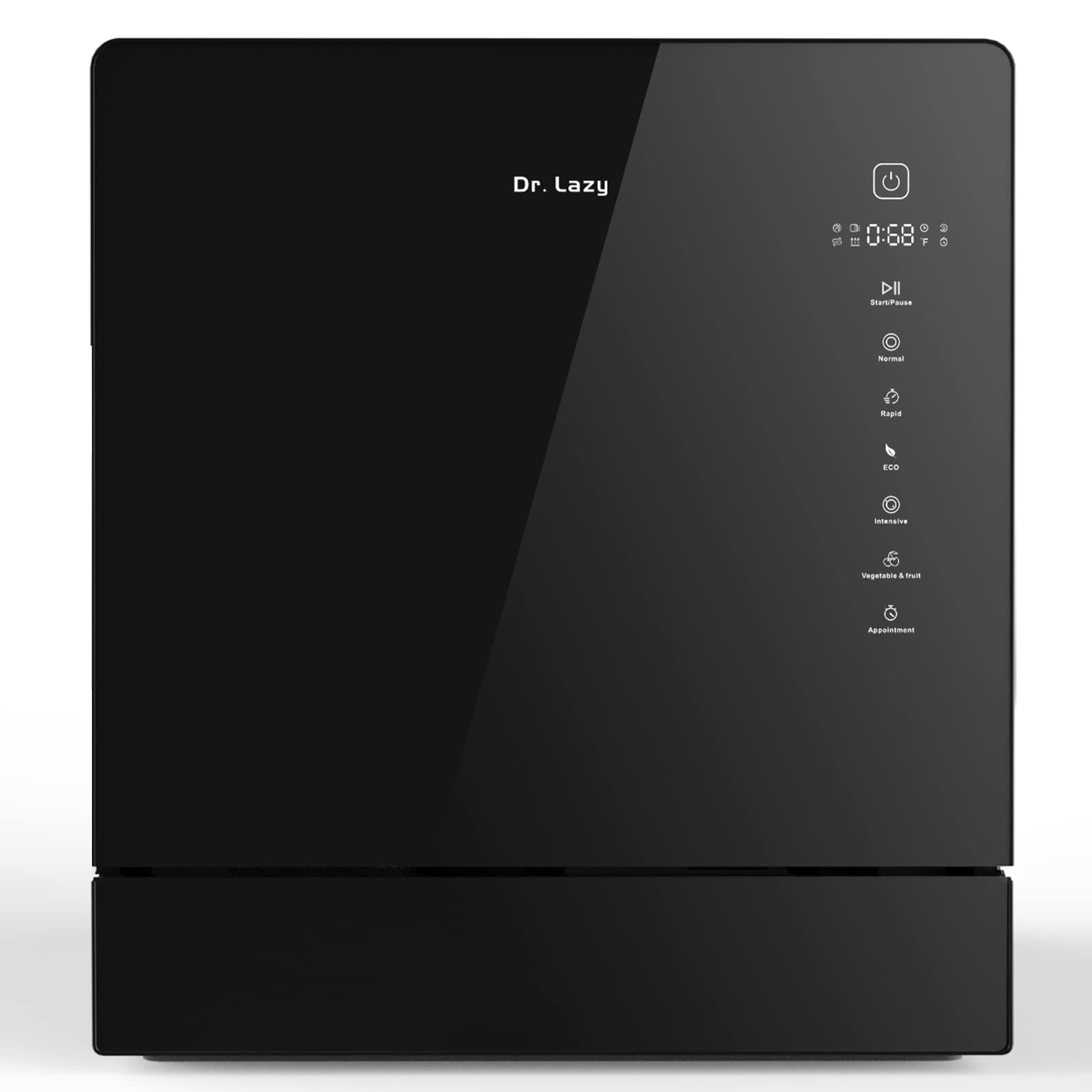 Dr. Lazy Countertop Dishwasher, Portable Dishwasher with 4 Place Settings, 5 Washing Programs, Hot Air Drying & Storage, Compact Dish washer for Dorm, RV& Apartment(Black)