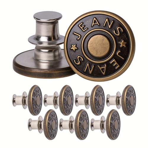 Verstellbare Hosen Ersatz Knöpfe, 8 Pack, Nickel-frei, für Allergiker, Ø 17 mm Messing Jeansknöpfe, Bronze-farben, Hosenbund jederzeit einstellbar, Jeans enger weiter machen, Hosenknöpfe mit Pin Knopf