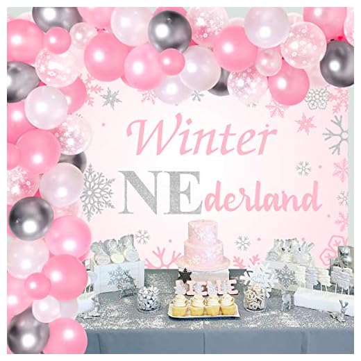 Winter Onederland Decoraciones de cumpleaños para fondo de niña, Kit de guirnalda de globos de copo de nieve para Wonderland 1st Birthday Party Supplies Rosa plateado y blanco 79 piezas