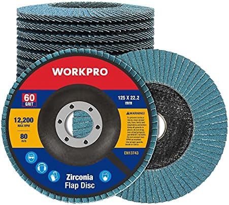 WORKPRO Profi Fächerscheiben 10 Stück Ø 125 mm x 22,2 mm Fächerschleifscheibe - Körnung 60 - Blau Standard Schleifmopteller für Edelstahl, Metall und Holz