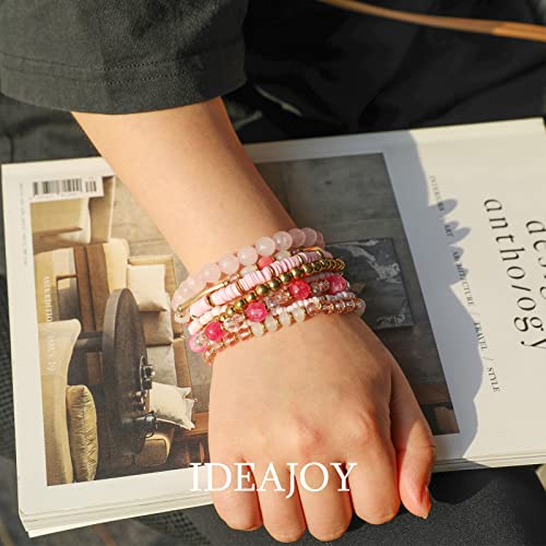 Pink Bracelets Bohemian Multi-Layer Beaded Stacking,8 Pcs Versatile Strand Stretch Sparkly Crystal Beads Wrap Slip-on Cuff Bangle Set 6