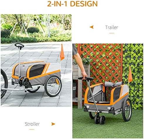 PawHut Dog Bike Trailer 2-in-1 Trolley Stroller Cart Bicycle Carrier for Cat Puppy Travel w/ Reflectors Hitch Coupler Red Flag - Orange