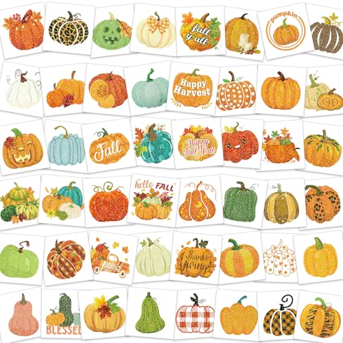 HOWAF 96pcs Glitter Fall Pumpkin Temporary Tattoos Autumn Harvest Tattoos Stickers for Girls Boys Decor Glittery Thanksgiving Pumpkin Fake Tattoo Pumpkins Face Tattoo for Fall Gift Bags Fillers