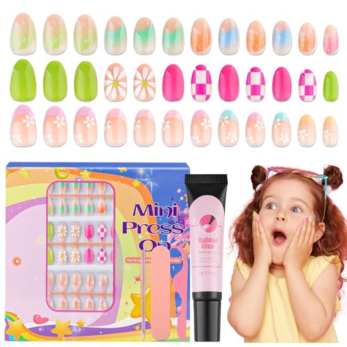 78PCS Press on Nails for Kids, TOROKOM Cute Kids Fake Nails Flower Kid Glue on Nail Short Almond Nail Art Gift for Girls Children 8-12 Age with Nail Adhesive Tab & Quick-dry Nail Glue (3 Pack)