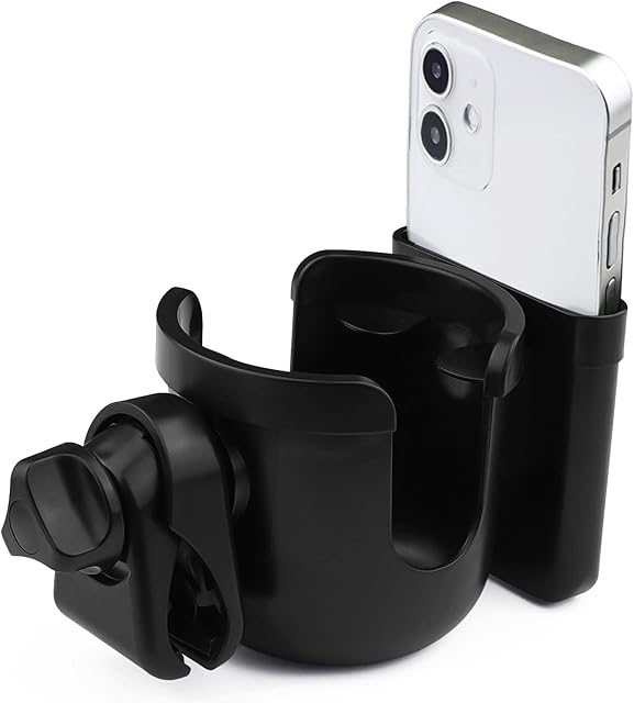 Pram Cup Holder, BSptyy Stroller Cup Holder/Baby Bottle Organizer,Universal Pushchair,Drink and Coffee Cup Holder, with Phone Storage Box,Suitable for Baby Buggy,Bikend and Wheelchair - BLACK
