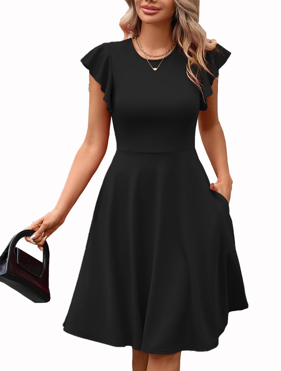 MSLG Women's Fit and Flare Ruffle Short Sleeves Dresses Work V-Back Cocktail Semi Formal A Line Dress with Pockets 842