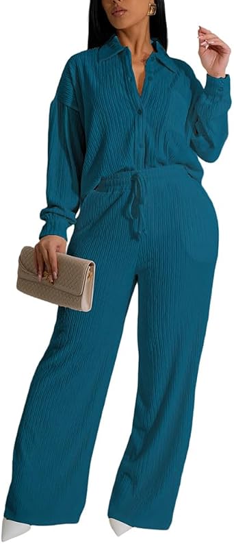 XYGJZ Womens 2 Piece Outfits Casual Ruched Long Sleeve Sweatsuits Loose Elastic Waisted Wide Leg Pants Sets