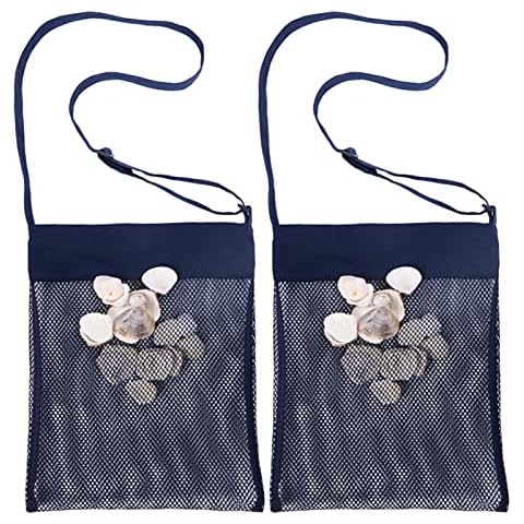 RIMOBUL Sand Away Beach Treasures Seashell Pocket Mesh Bags - Set of 2 (Large) (Navy Blue) Cover