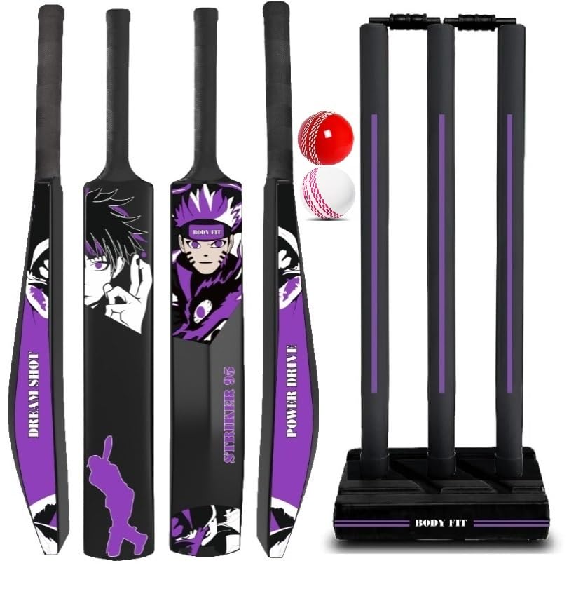 Bodyfit Premium T-20 Cricket Bat for Men, Women & Children | Lightweight| Full Size| | Hard Plastic Bat| Premium Cricket Wicket Set l 3 Stumps+2 Bails+1 Stand Set, 2 Balls, S-95. (Black-Purple)-picture-21