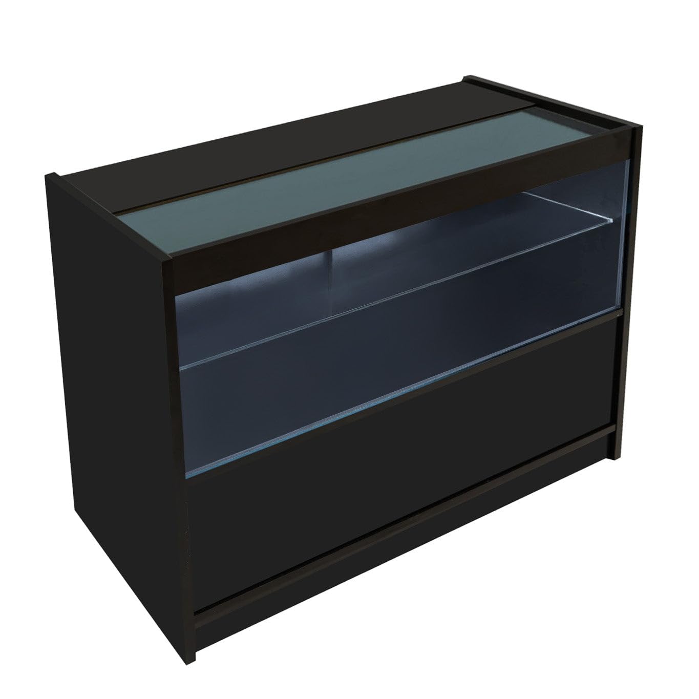 B&Q -  Black Shop Counter Led Light C 1200mm Lockable Sliding Doors 2 Keys Retail Storage Unit Display Showcase Cabinet Reception Desk