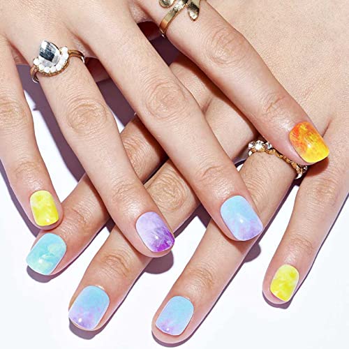 Press On Nails Short Squoval Glamermaid Spring Colorful Neon Purple Glue On Nails With Tie Die Smock Design Acrylic False Nail Kits Stick Fake Nails For Women Reusable Full Cover Gel Nails 24Pcs #TOP3