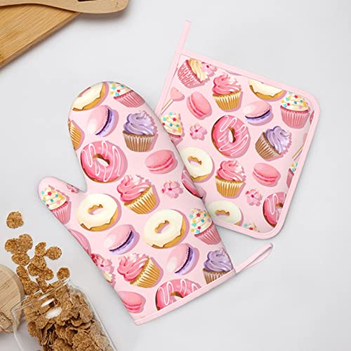 Pink Macaron Cupcakes And Donuts Funny Silicone Oven Mitts And Pot Holders Sets Kitchen Accessories,Resistant Hot Pads With Non-Slip Bbq Gloves For Kitchen,Cooking,Baking,Grilling #TOP7
