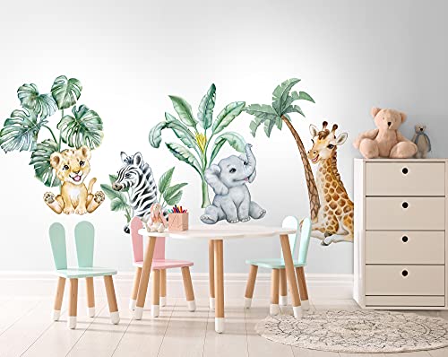 Image of Murwall Cute Safari Animal Large Wall Decal Kids Wall Decals Tropical Trees with African Animals Wall Decals