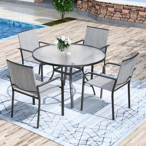 Image of Anmutig 5-Piece Outdoor Patio Dining Set, 40-Inch Round Glass Table with 4 Stackable Chairs,Grey